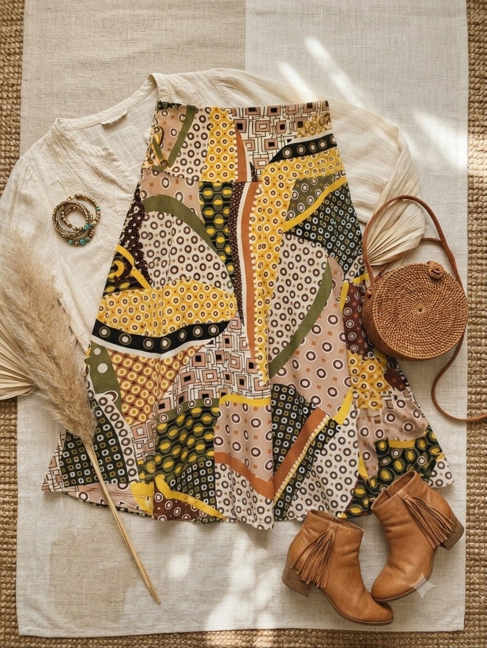 Popana Yellow Green Brown Mixed Print Skirt